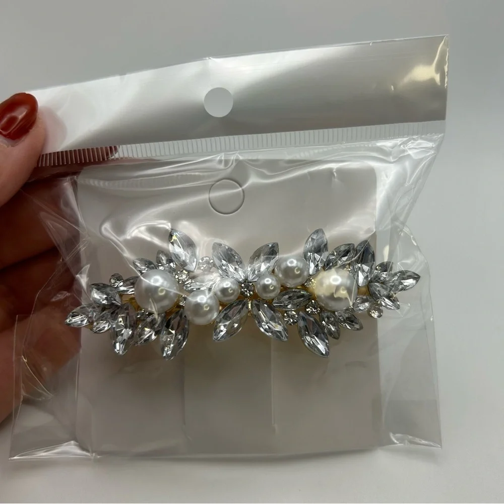 Faux Pearl Golden Hair Barrette Statement Silver Tone Leaves Natural Textured